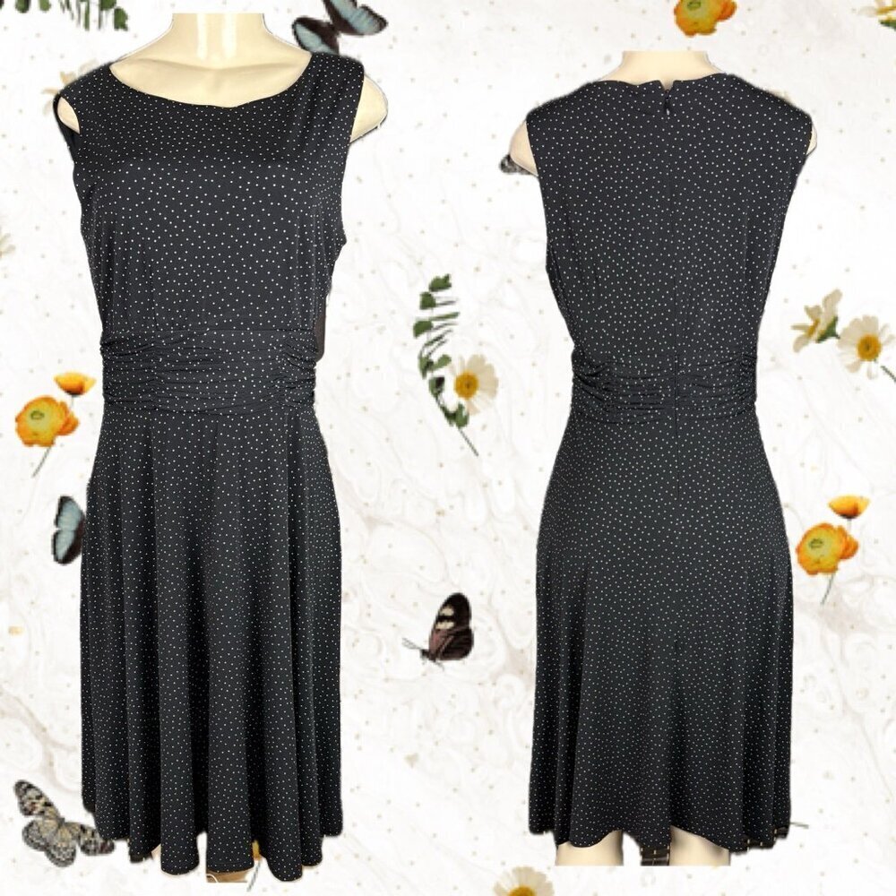Jessica Howard 8 Black Mini Dot Print Ruched Waist Sleeveless Below Knee Dress